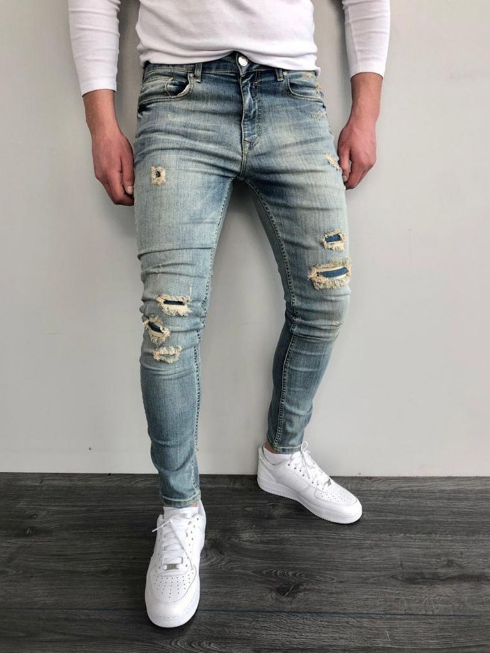 Calça Lápis Usada Color Block Zíper Calça Jeans Masculina Skinny Cintura Média