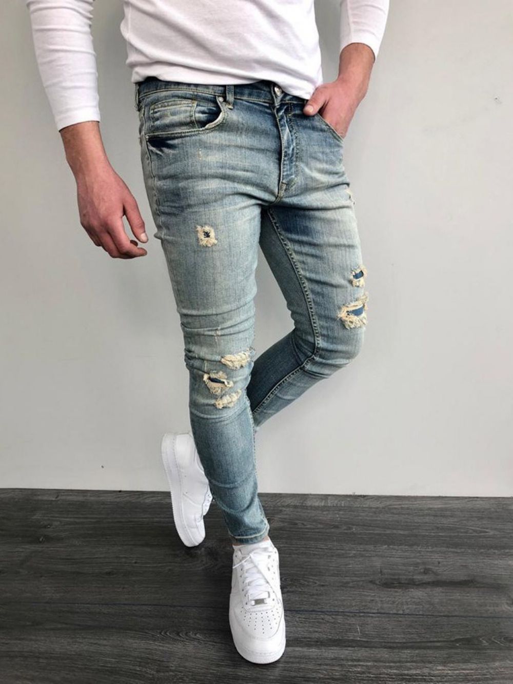 Calça Lápis Usada Color Block Zíper Calça Jeans Masculina Skinny Cintura Média