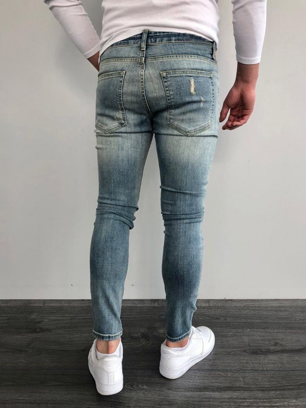 Calça Lápis Usada Color Block Zíper Calça Jeans Masculina Skinny Cintura Média