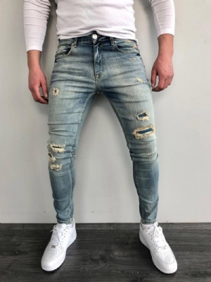 Calça Lápis Usada Color Block Zíper Calça Jeans Masculina Skinny Cintura Média