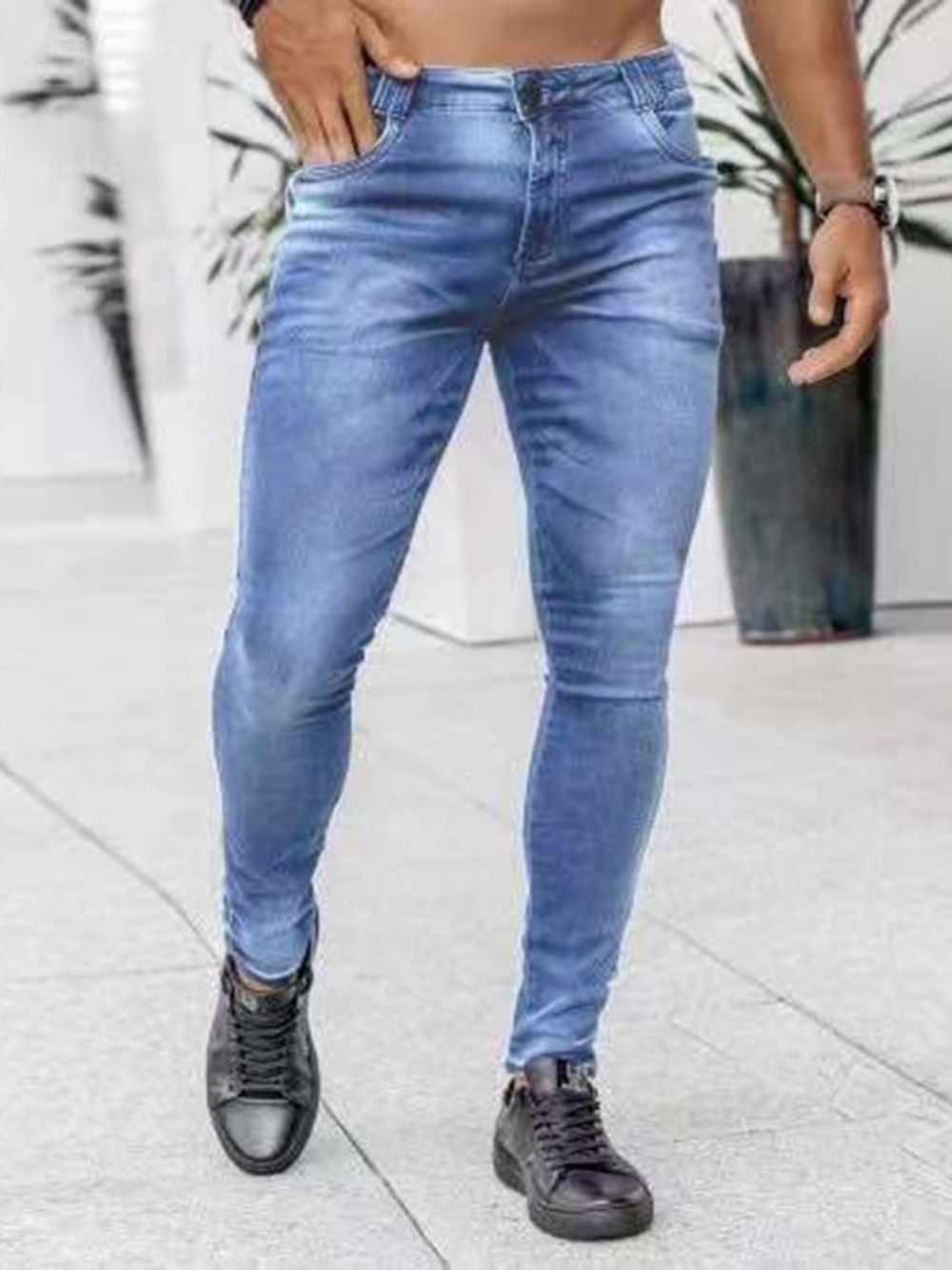 Calça Lápis Zíper Casual Zíper Micro-Elástico Comprimento Completo Jeans Masculino