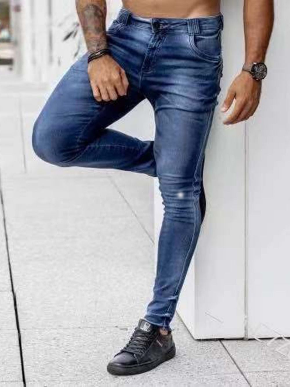 Calça Lápis Zíper Casual Zíper Micro-Elástico Comprimento Completo Jeans Masculino