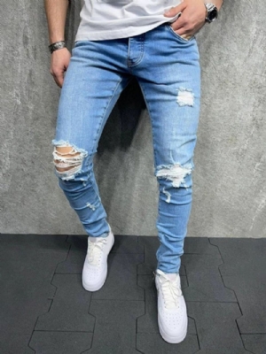 Calças De Bolso Lápis Com Zíper De Comprimento Total Homens Casuais Jeans