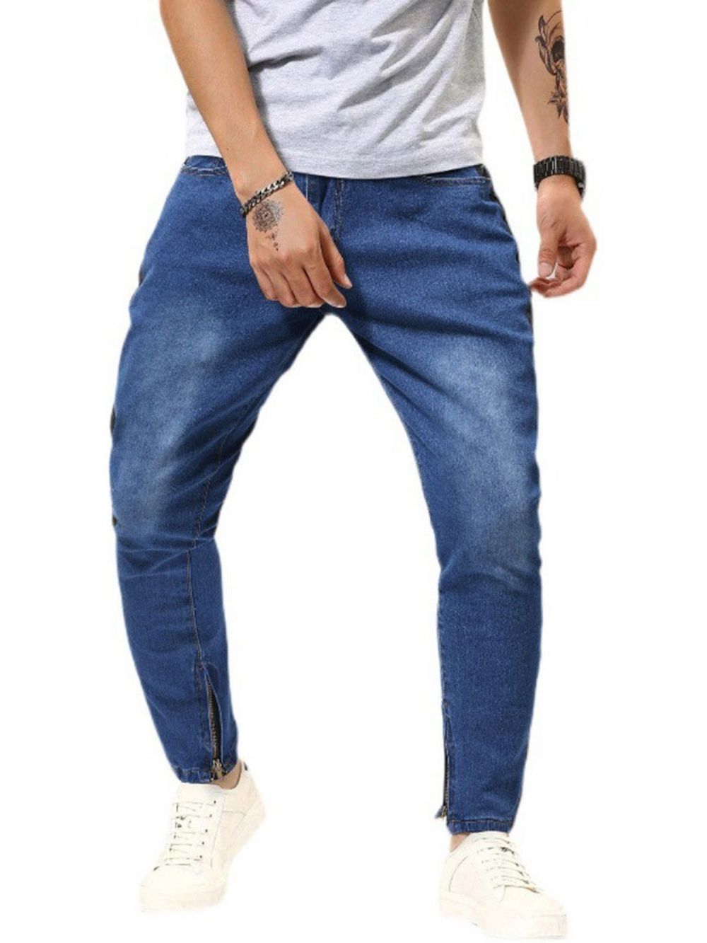 Calças De Bolso Lápis Com Zíper Micro-Elástico Jeans Casual Masculino