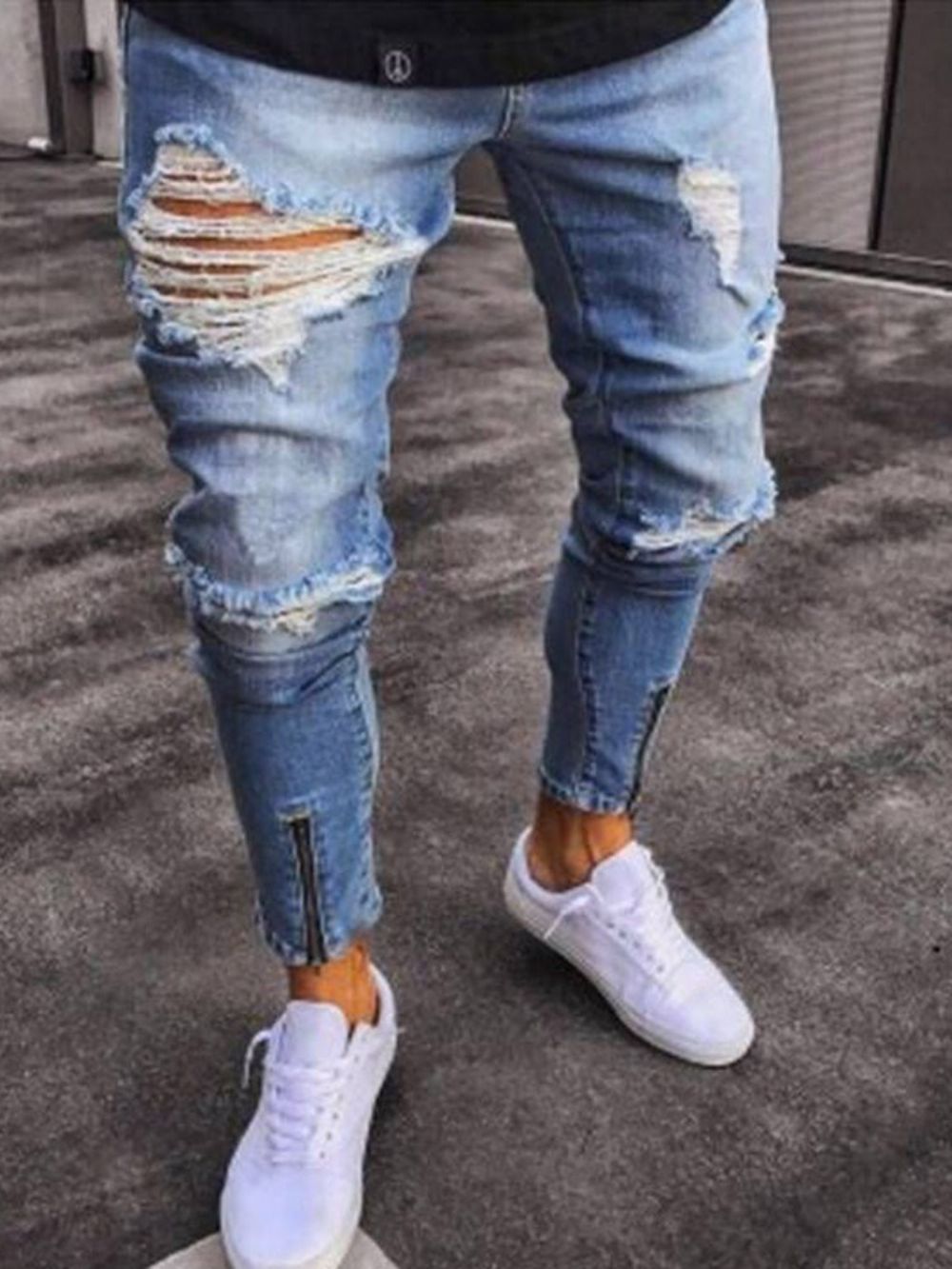 Calças Jeans Masculinas Com Zíper Da Moda Com Furo Simples