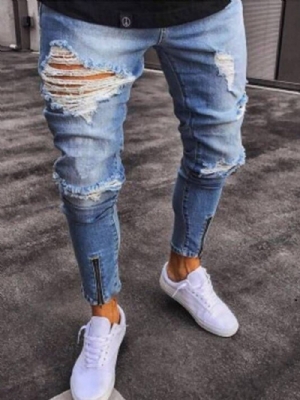 Calças Jeans Masculinas Com Zíper Da Moda Com Furo Simples