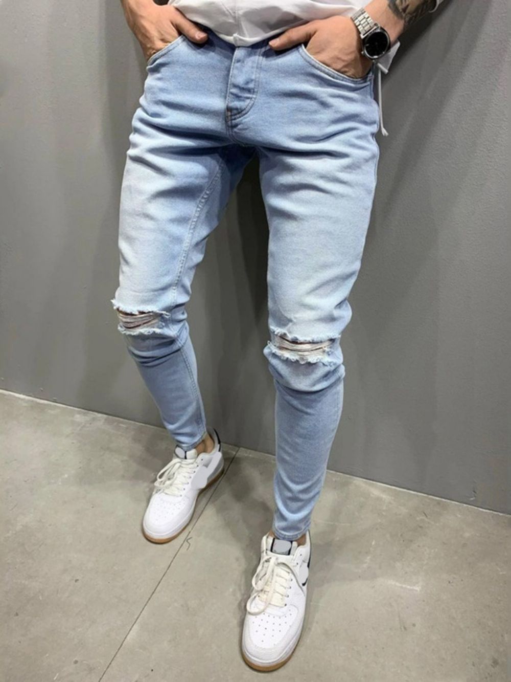 Calças Lápis Bolso Cintura Média Com Zíper Jeans Masculinos