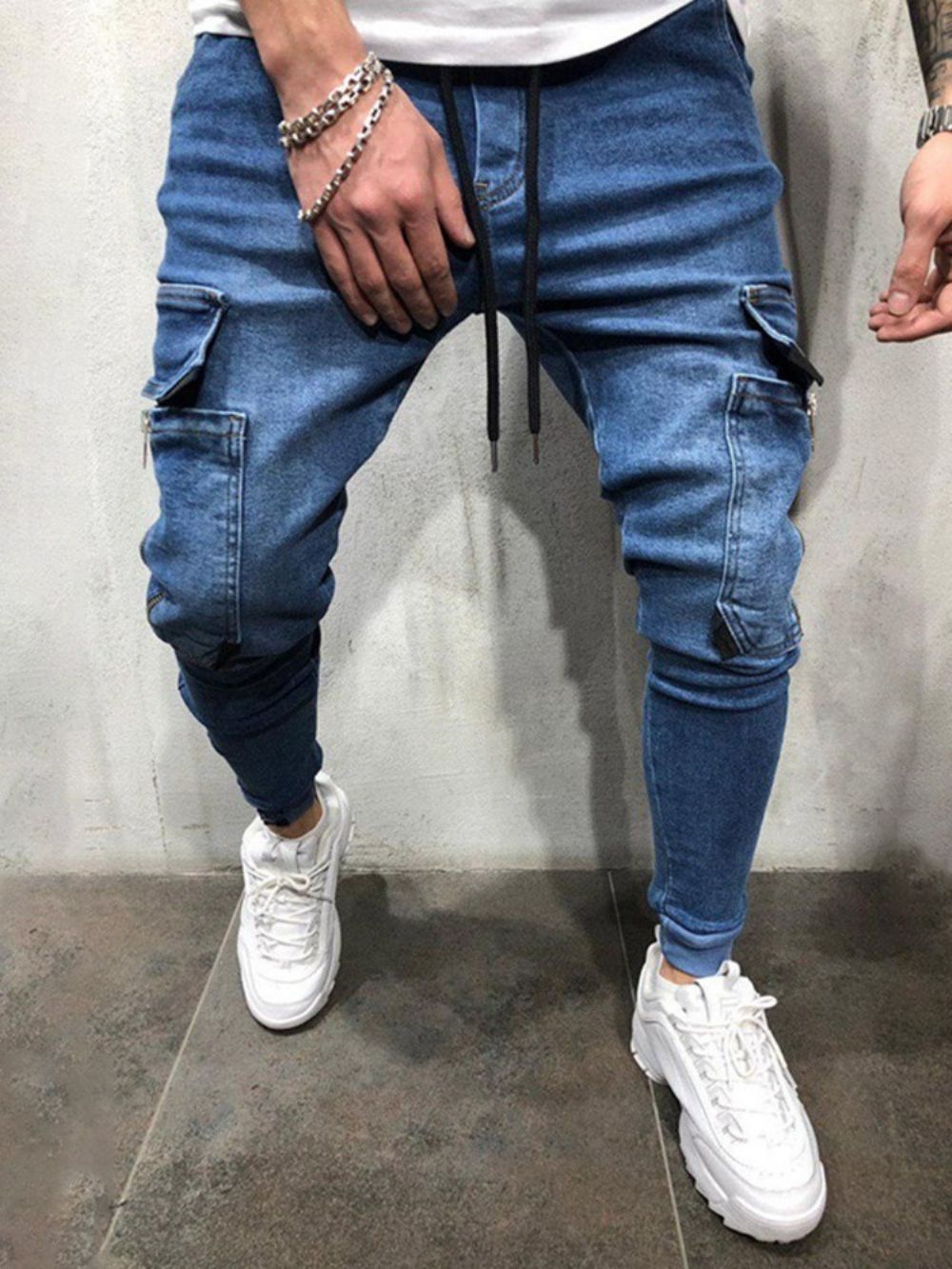 Calças Lápis De Bolso Simples Com Cadarço Jeans Masculinos