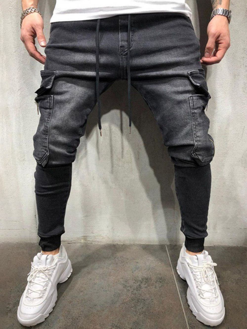 Calças Lápis De Bolso Simples Com Cadarço Jeans Masculinos