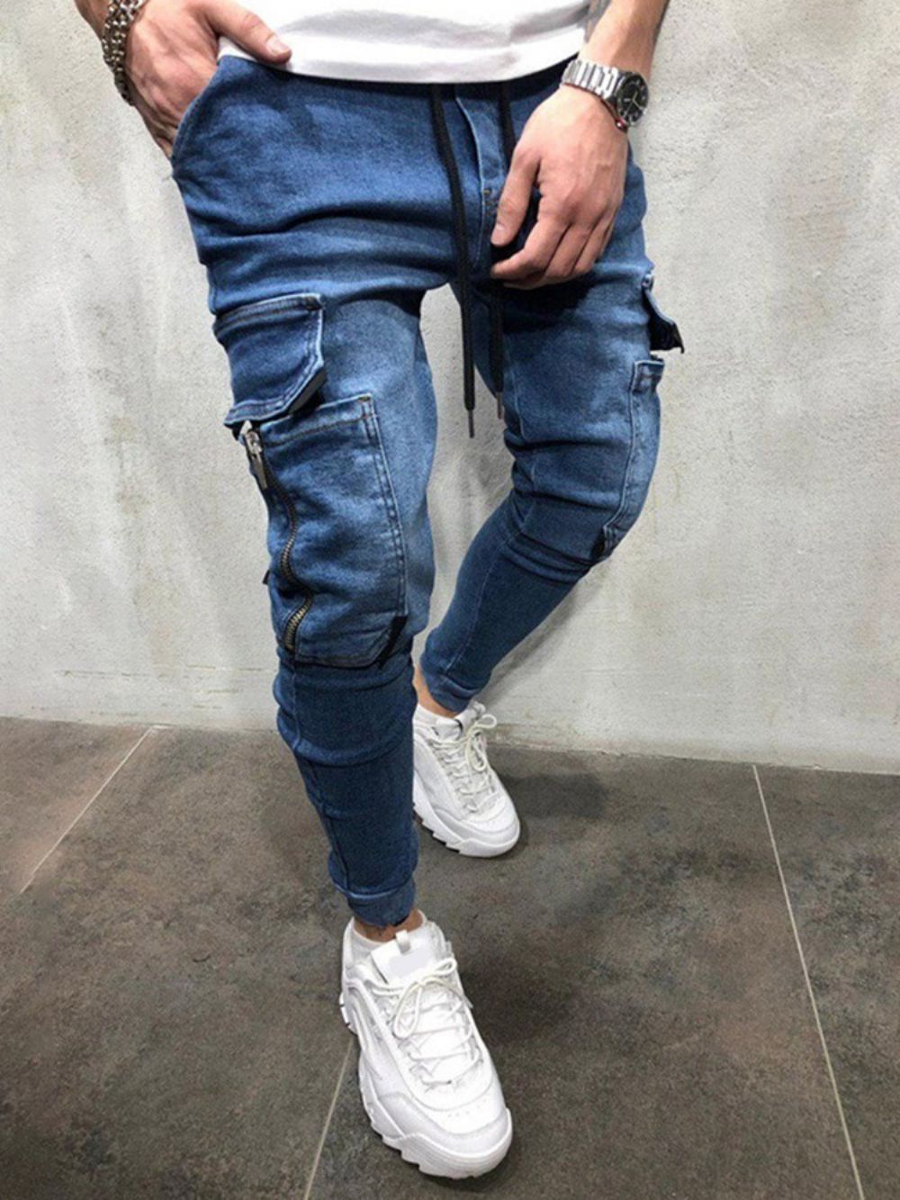 Calças Lápis De Bolso Simples Com Cadarço Jeans Masculinos