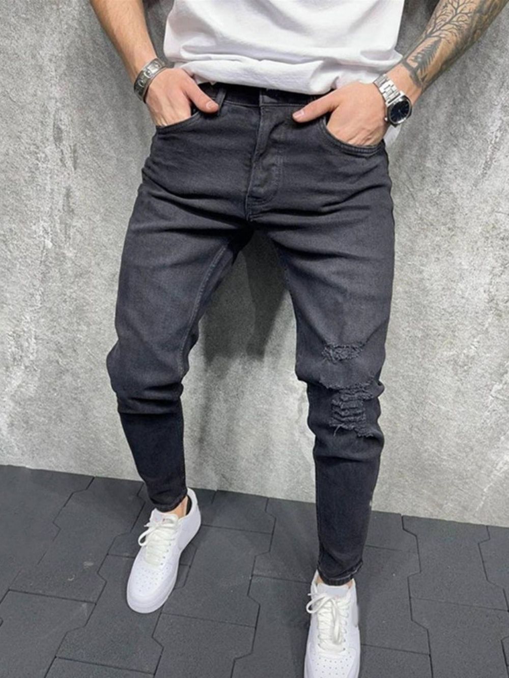 Calças Lápis De Bolso Simples Jeans Casual Com Zíper Masculino