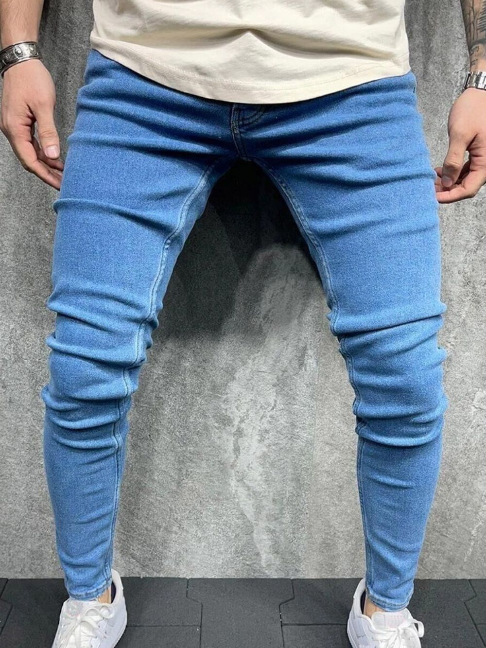 Calças Lápis Com Botão Simples Casual Zíper Jeans Masculino