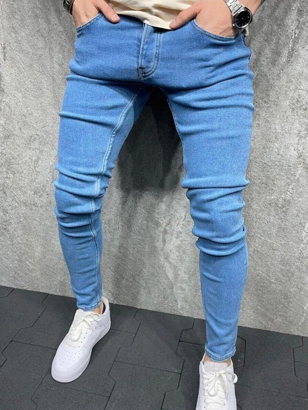 Calças Lápis Com Botão Simples Casual Zíper Jeans Masculino