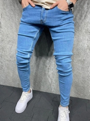 Calças Lápis Com Botão Simples Casual Zíper Jeans Masculino