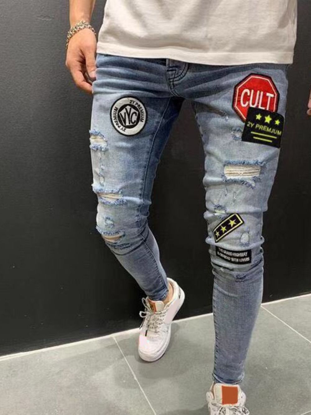 Calças Lápis Com Buracos Coloridos E Calças Jeans Masculinas Com Zíper