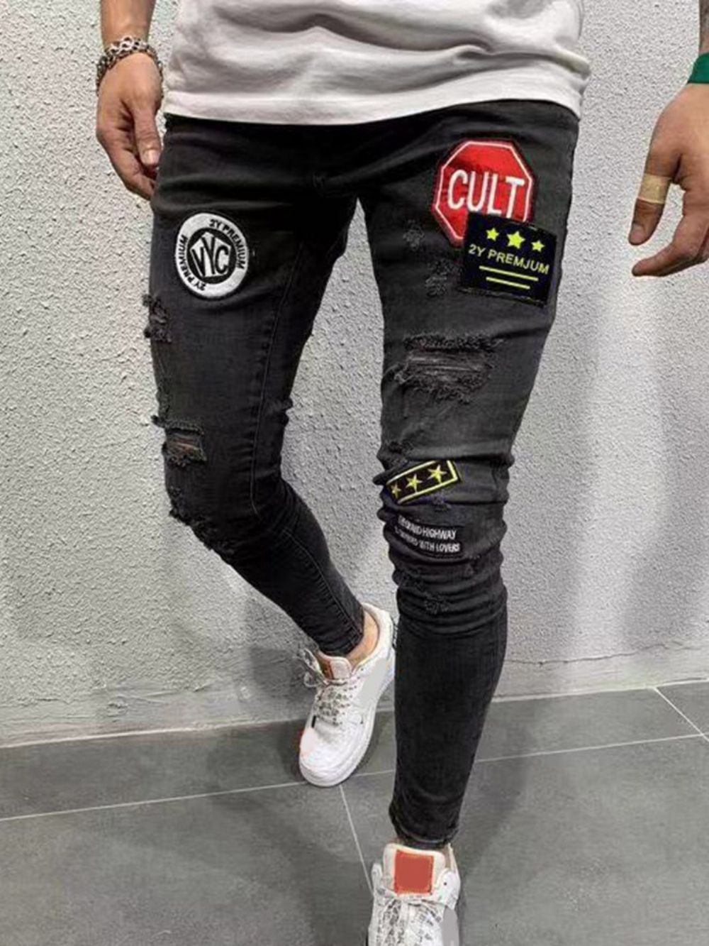 Calças Lápis Com Buracos Coloridos E Calças Jeans Masculinas Com Zíper