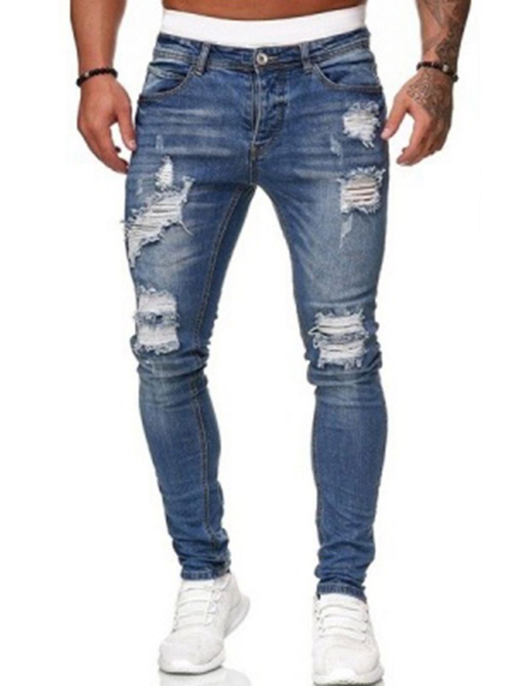 Calças Lápis Com Furo Simples Com Zíper Cintura Média Jeans Masculinos