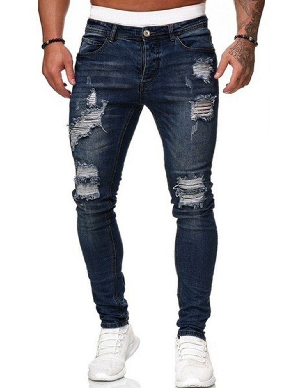 Calças Lápis Com Furo Simples Com Zíper Cintura Média Jeans Masculinos