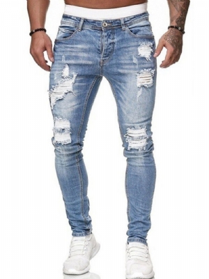 Calças Lápis Com Furo Simples Com Zíper Cintura Média Jeans Masculinos