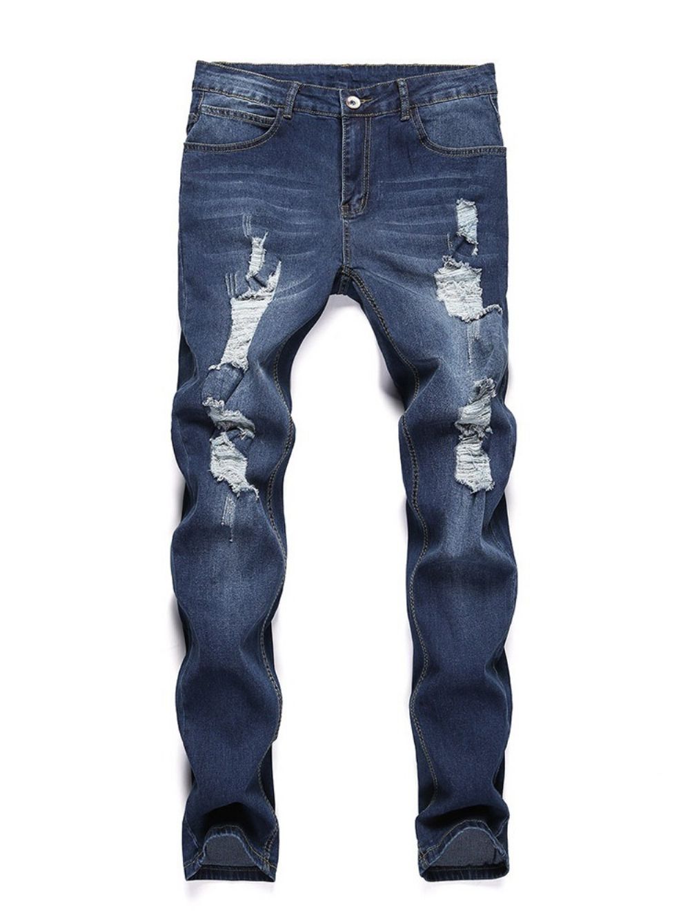 Calças Lápis Lisas Com Furos Jeans Casual Cintura Média