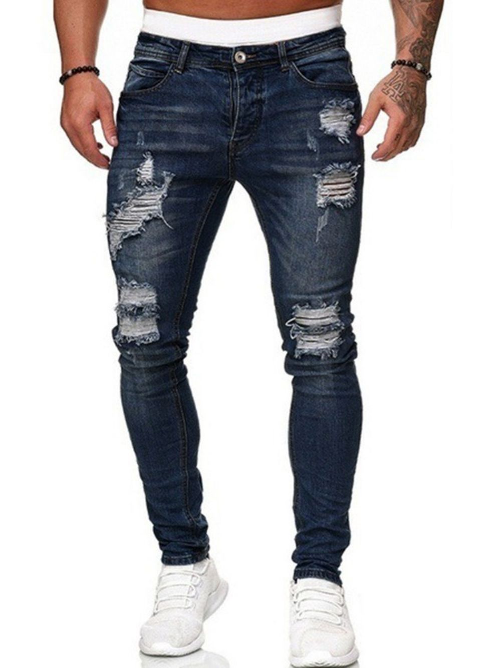 Calças Lápis Lisas Com Furos Jeans Casual Cintura Média