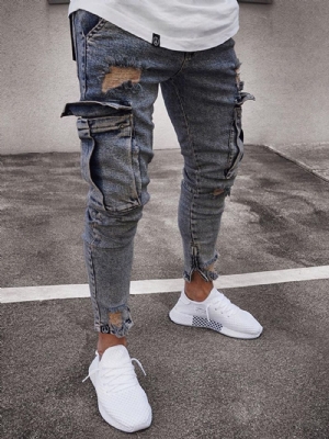 Calças Lápis Lisas Usadas Com Zíper Jeans Casuais Masculinos