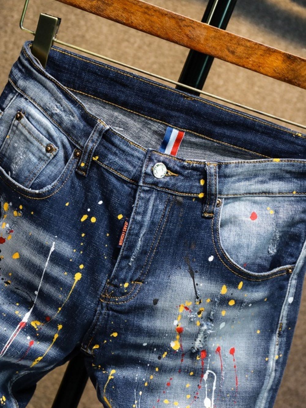 Calças Lápis Salpicos De Tinta Zíper Calça Jeans Cintura Média