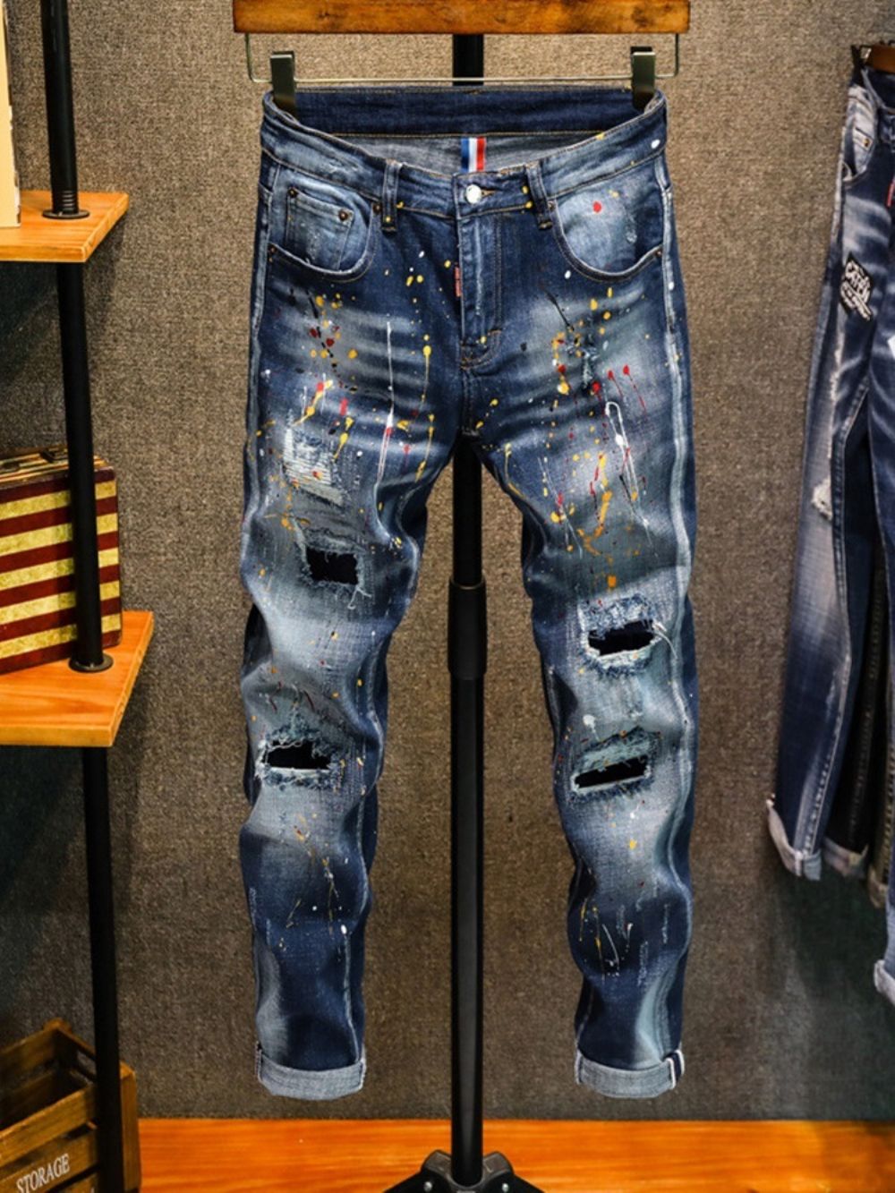 Calças Lápis Salpicos De Tinta Zíper Calça Jeans Cintura Média