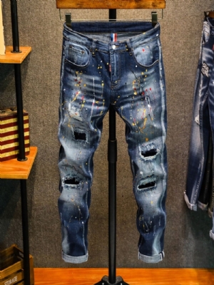 Calças Lápis Salpicos De Tinta Zíper Calça Jeans Cintura Média