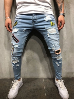 Jeans Casual Com Zíper E Cintura Média Com Furo