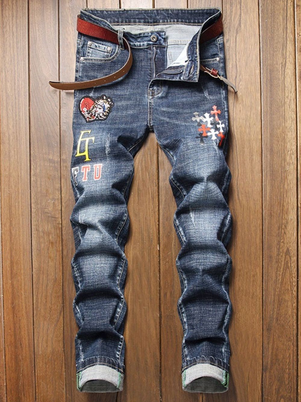 Jeans Casual Estampado Com Cintura Média