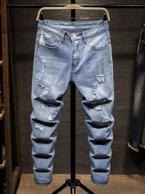 Jeans Casual Europeu De Cintura Média Com Buraco