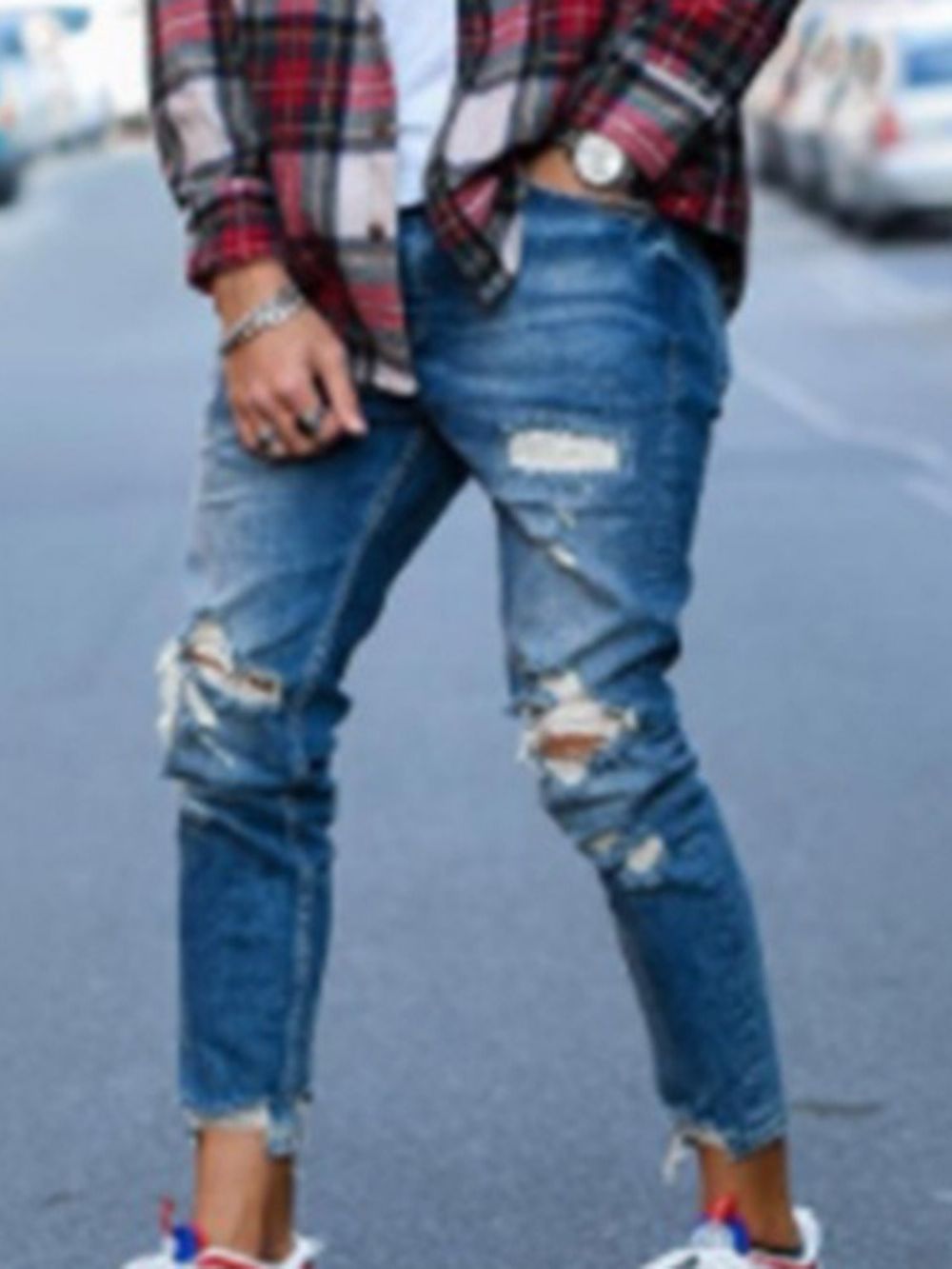 Jeans Casual Lápis Com Zíper Com Furo E Zíper