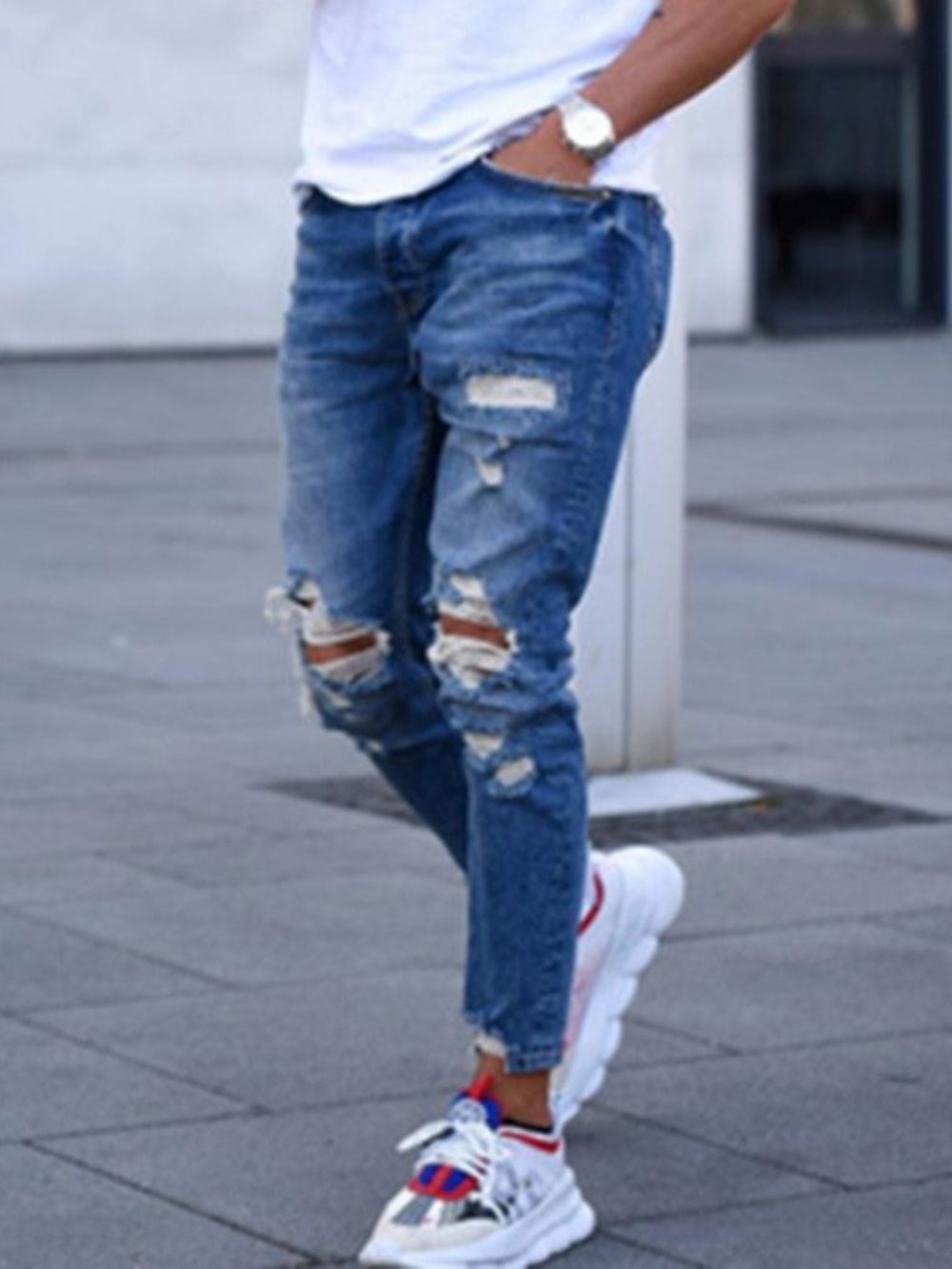 Jeans Casual Lápis Com Zíper Com Furo E Zíper