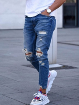 Jeans Casual Lápis Com Zíper Com Furo E Zíper