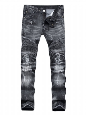 Jeans Casual Masculino Micro-Elástico Com Zíper Reto