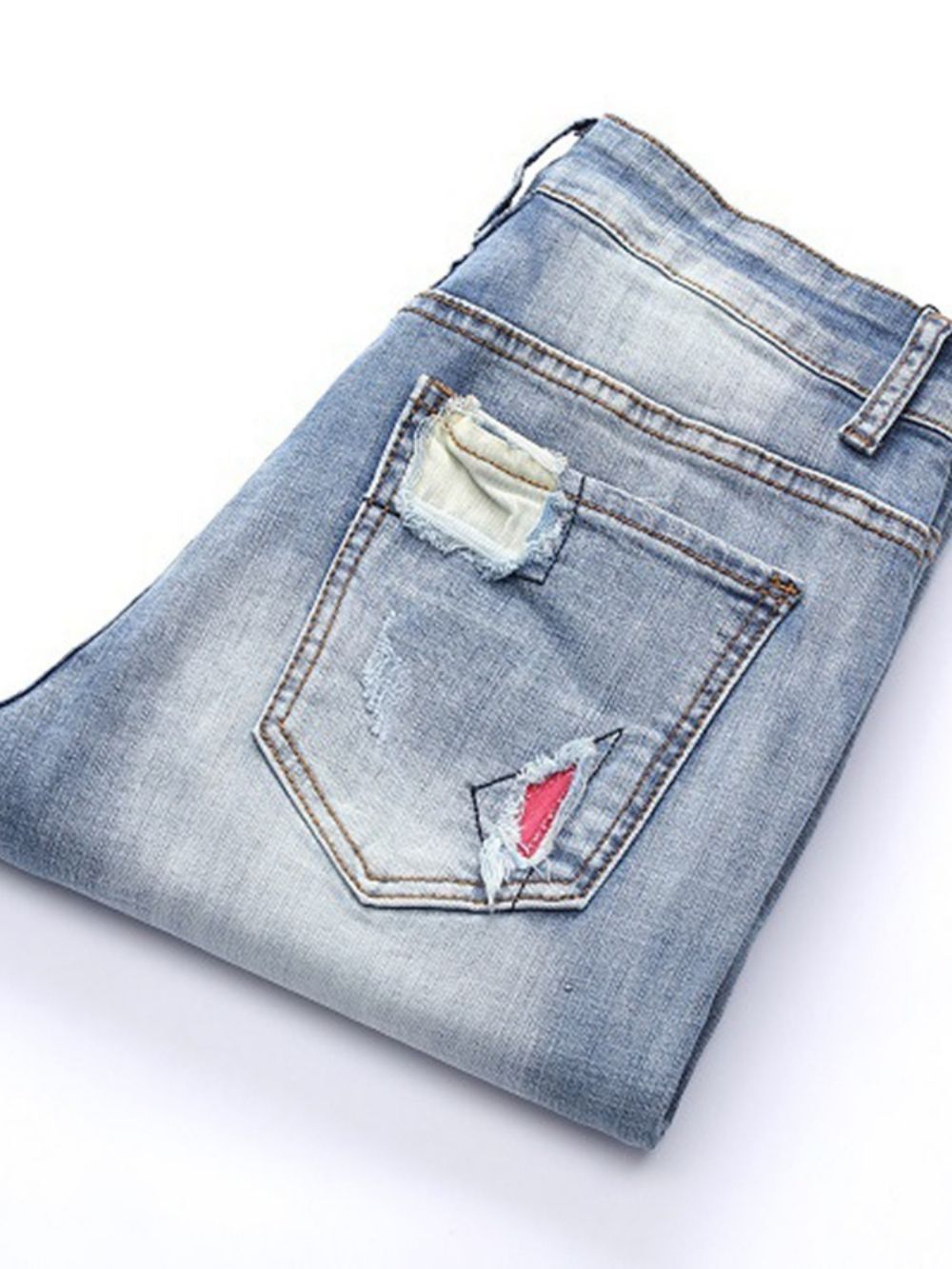 Jeans Casual Masculino Plissado Patchwork Azul Claro