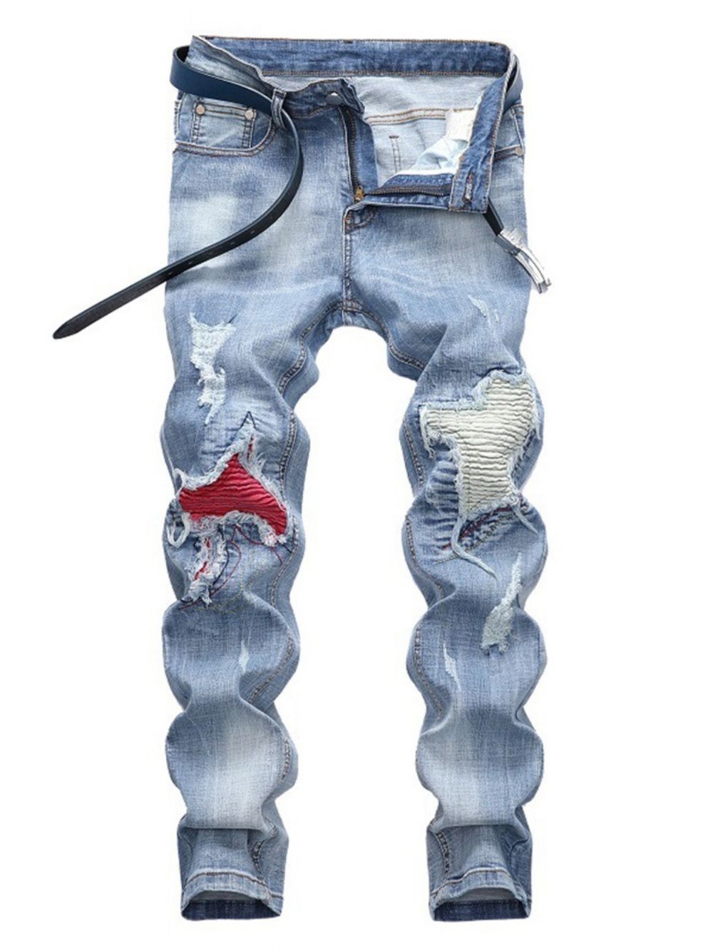 Jeans Casual Masculino Plissado Patchwork Azul Claro