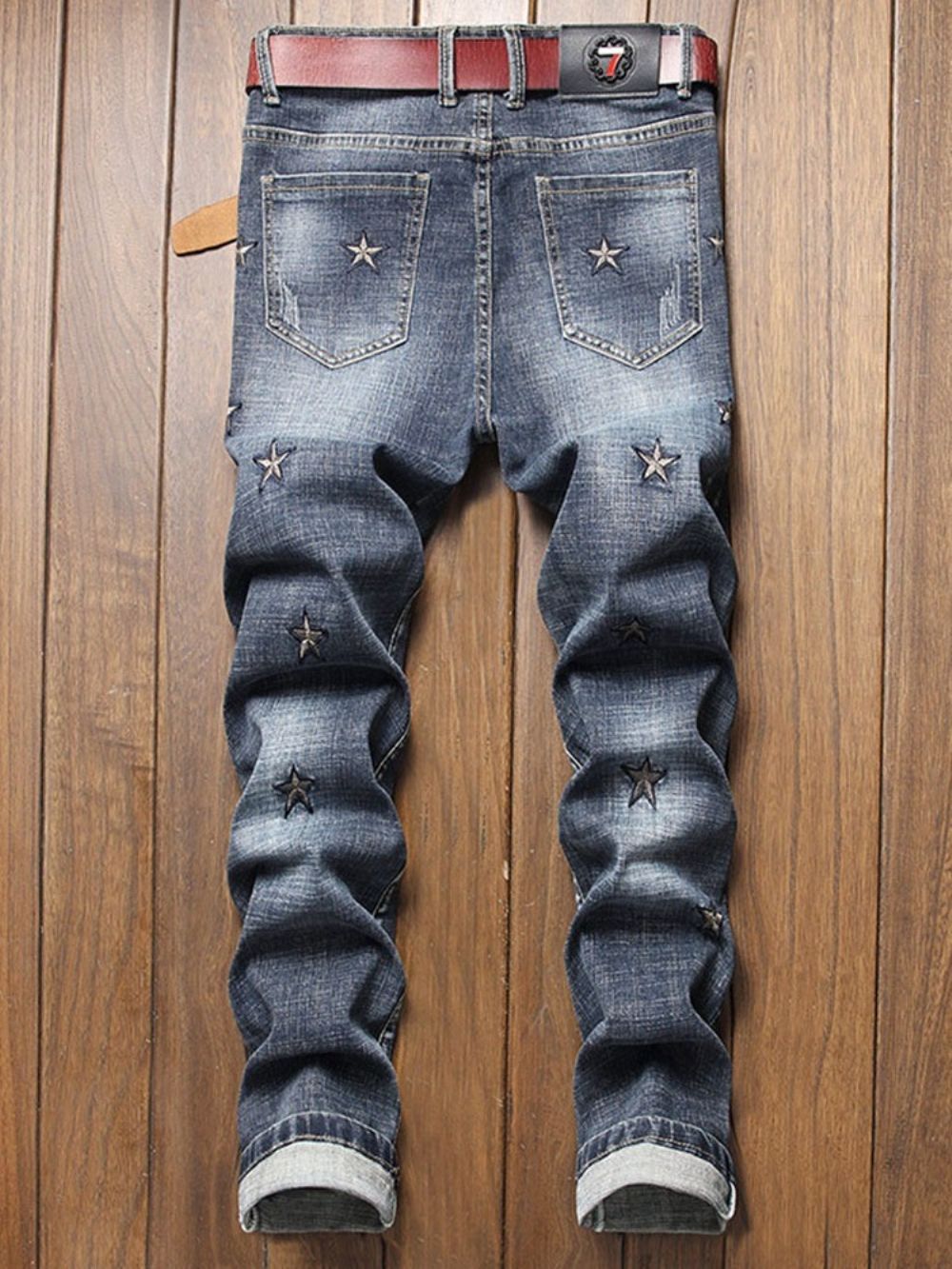 Jeans De Cintura Média Com Bordado Reto E Zíper