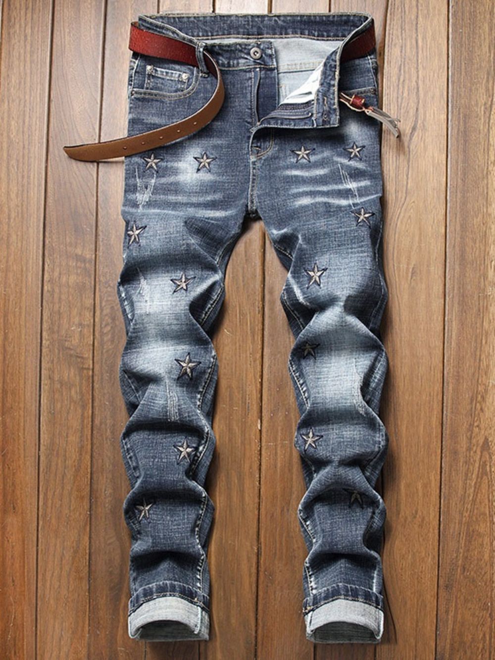 Jeans De Cintura Média Com Bordado Reto E Zíper