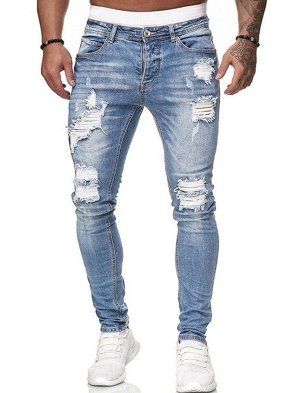 Jeans Cintura Média Com Zíper E Furo Simples