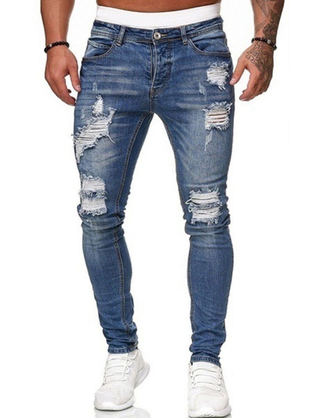 Jeans Cintura Média Com Zíper E Furo Simples