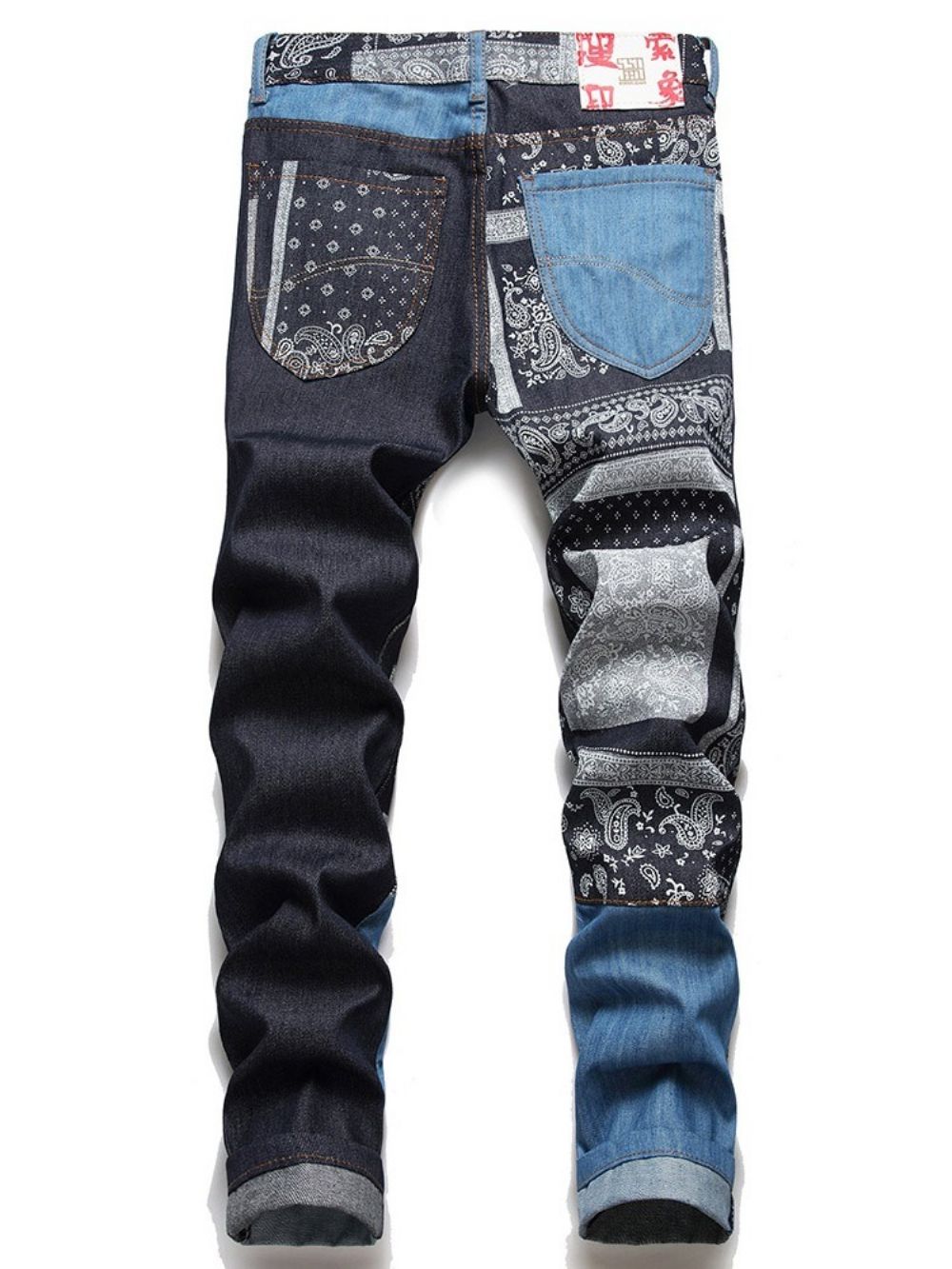 Jeans De Cintura Média Com Zíper Floral Reto Patchwork