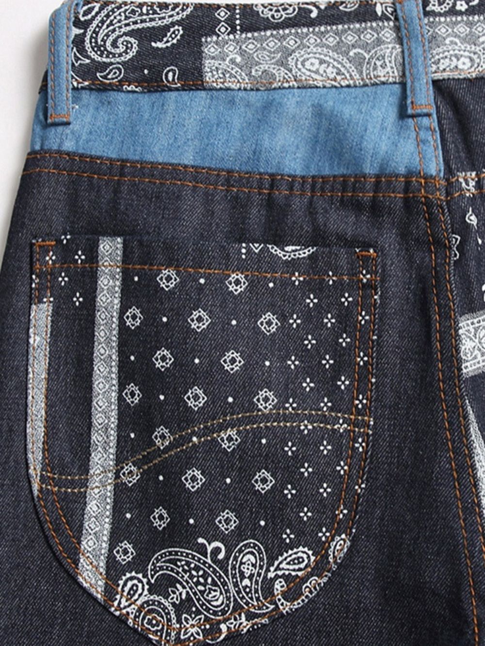 Jeans De Cintura Média Com Zíper Floral Reto Patchwork