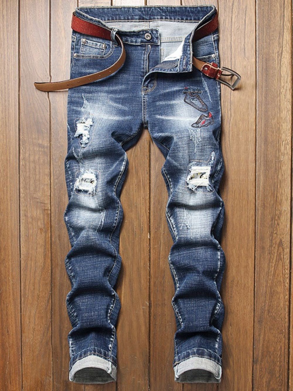 Jeans Hole Straight Cintura Média Com Zíper