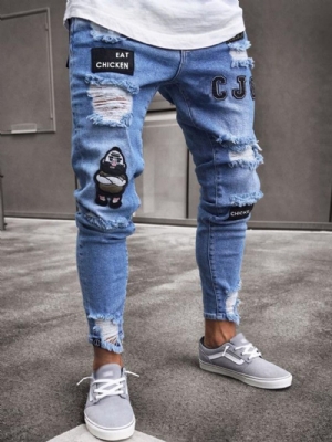 Jeans Masculino De Cintura Média Com Furo Fino