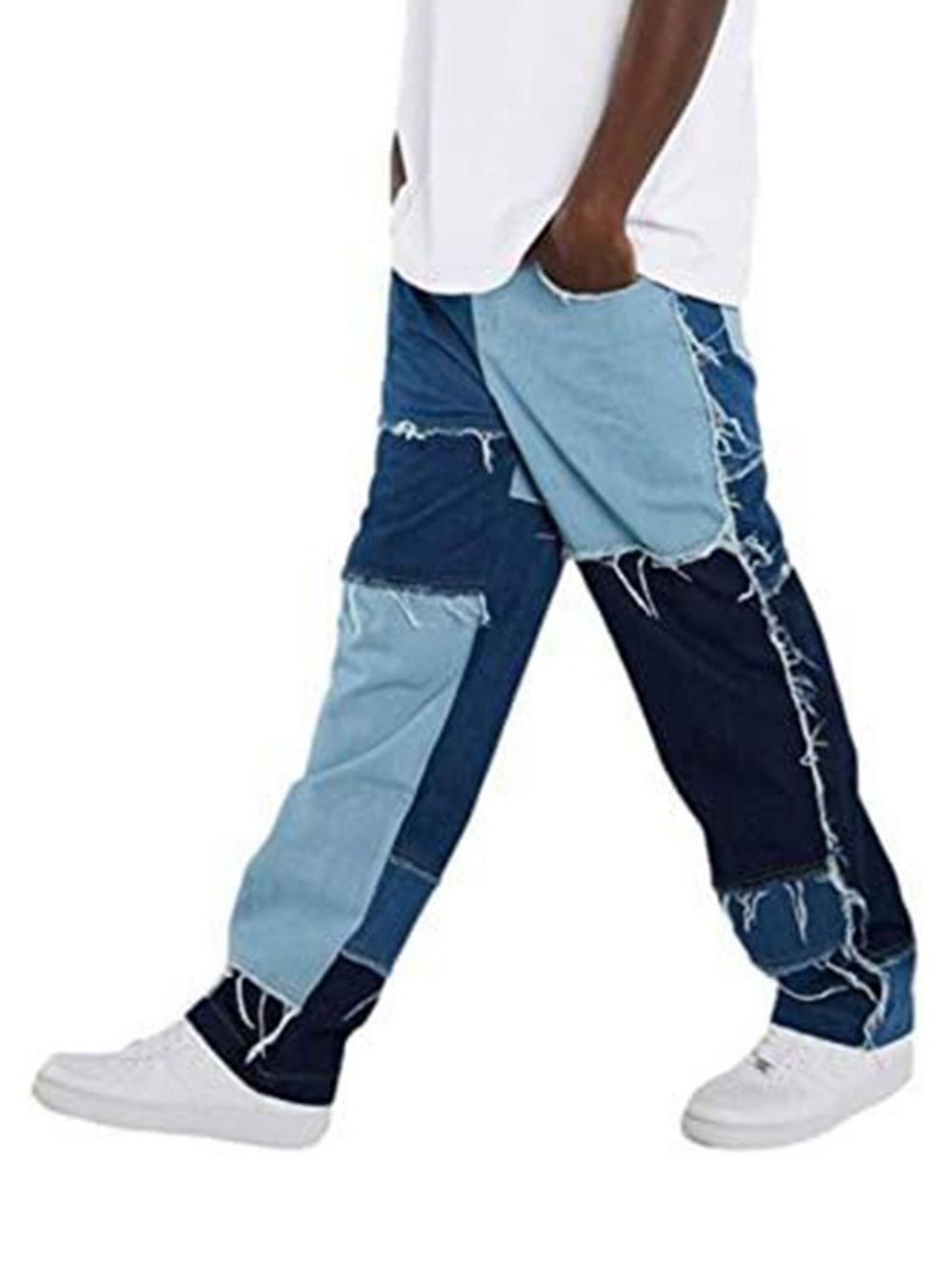 Jeans Masculino Color Block Patchwork Hip Hop Zíper