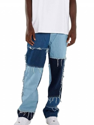 Jeans Masculino Color Block Patchwork Hip Hop Zíper