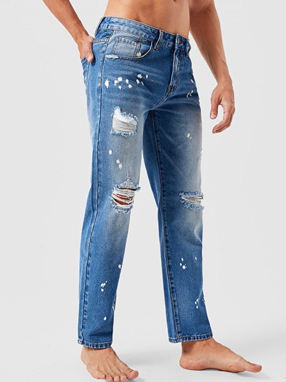 Jeans Masculinos Retos Usados Color Block Cintura Média Com Zíper