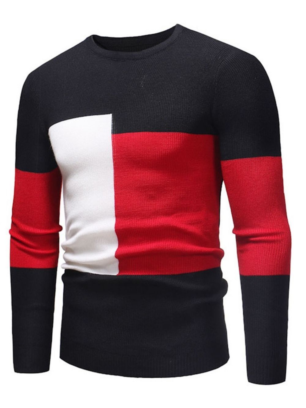 Suéter Casual Slim Com Decote Redondo Patchwork Color Block